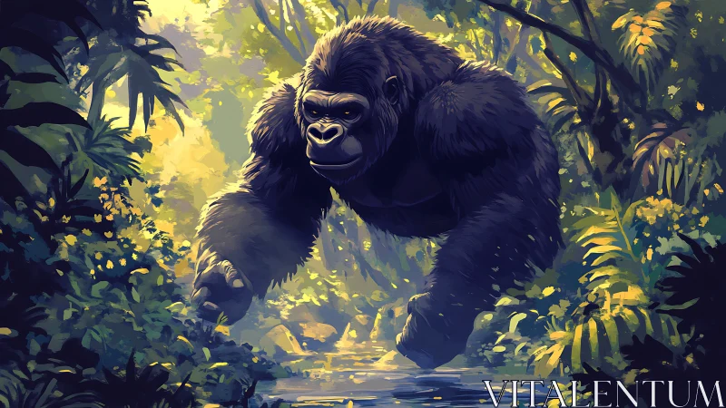 Powerful gorilla strides through dense jungle stream.