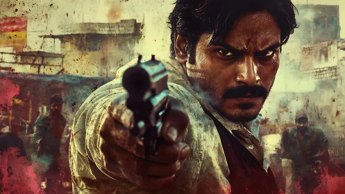 Grit-flecked gunman locks steely gaze amid urban chaos.