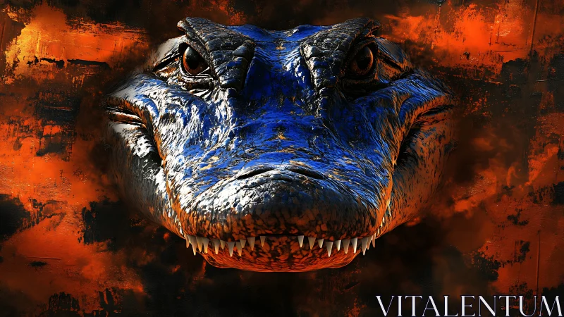 Blue reptilian predator head over molten orange haze.