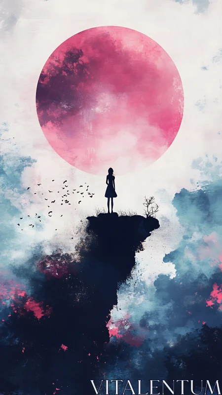 Silhouette on cliff beneath large pink celestial sphere.