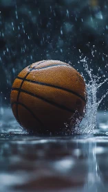 Basketball on wet court under rainfall with water splash.