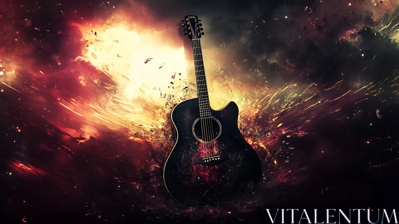 Black acoustic guitar centered in explosive abstract nebula.