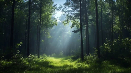 Sunbeams in Serene Forest Clearing, Lush Green Nature Scene.