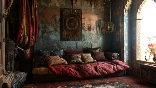 Textural Moorish alcove with layered textiles and patina-rich walls.