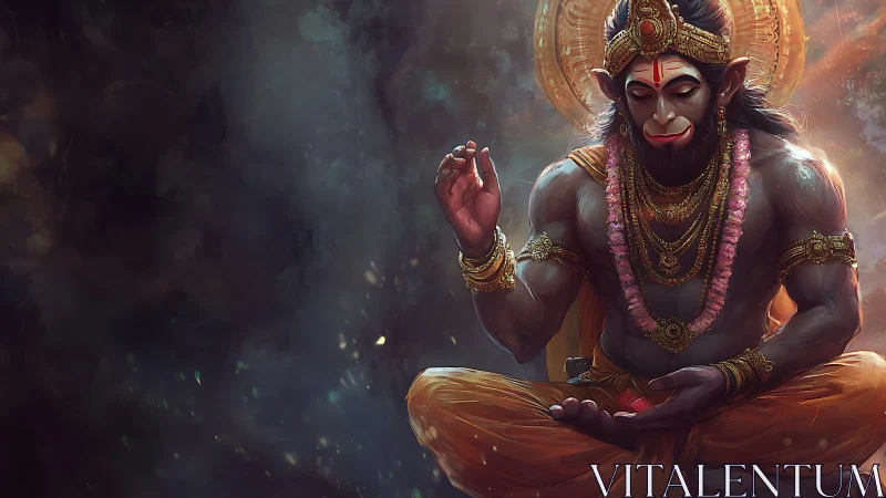 Divine simian deity in meditative digital artwork.