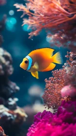 Vibrant clownfish navigates coral reef in shallow marine light