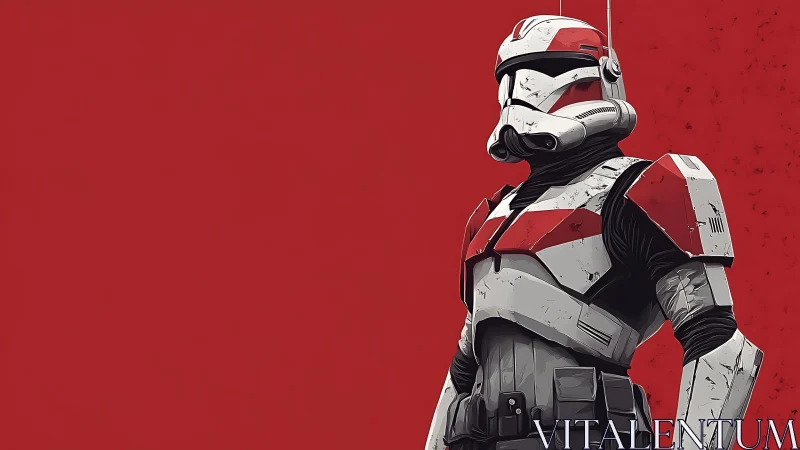 Crimson armored space soldier poised against bold red sky.