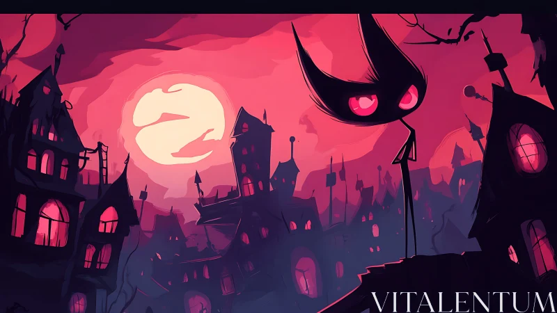 Lonely shadow creature surveys a crimson haunted moonlit town