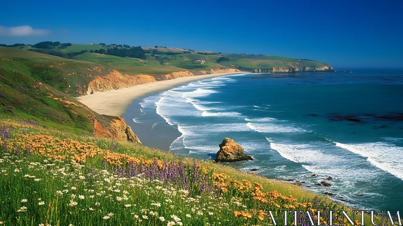 Wildflower headland above sweeping turquoise shoreline.