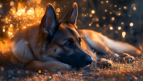 German shepherd lies on grass amid warm bokeh illumination