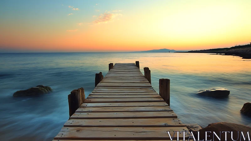 Sunset boardwalk reaching into calm, glowing seaside horizon.