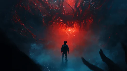 Child at the Ember Maw, staring into a living nightmare portal.