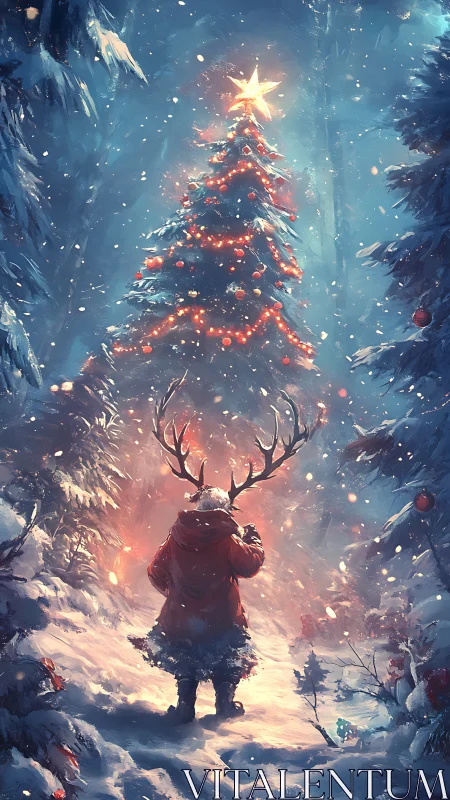 Child in red coat gazes at glowing star-topped forest tree