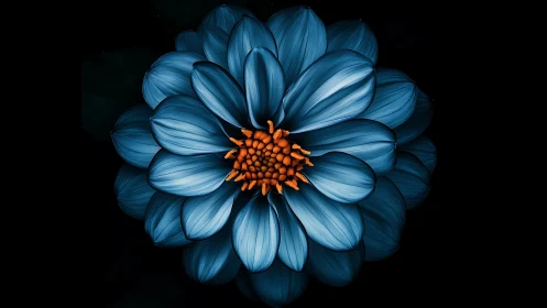 Blue flower with orange stamens rendered against black background.
