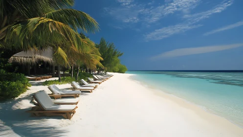 Tropical Beach Resort with Loungers and Palm Shade