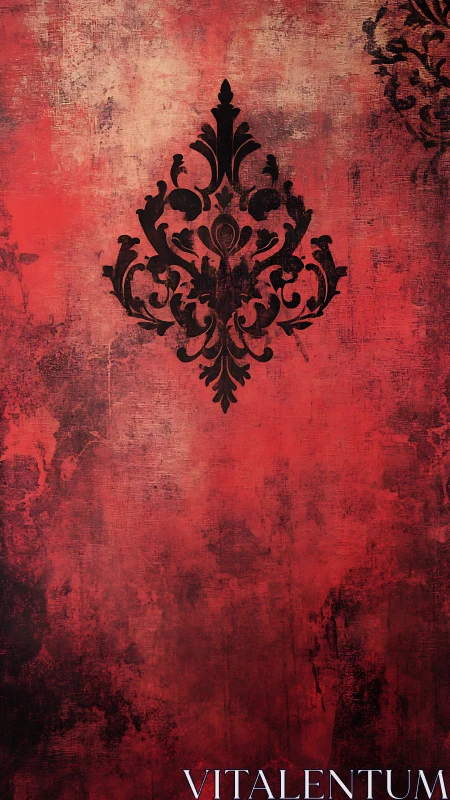 Dark ornamental motif is centered on a distressed red field