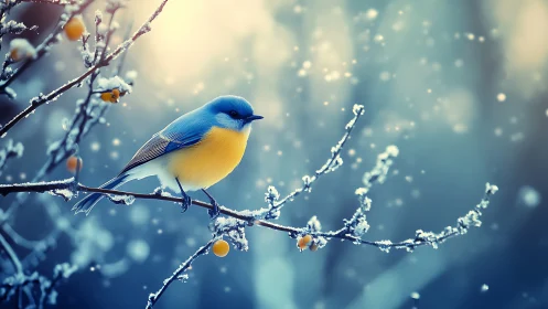 Blue and Yellow Bird on Frosty Branch in Dreamy Winter Scene.