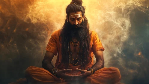 Meditating holy man in orange robes amid swirling smoke.