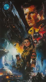 Cinematic space opera tableau combines heroic portraits and starship warfare