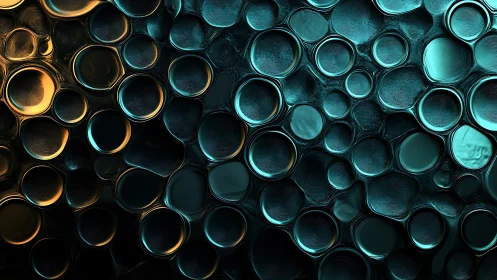 Abstract metallic bubbles pattern with teal and gold highlights.
