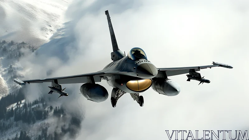 Fighter jet cuts through mountain clouds in crisp daylight flight.