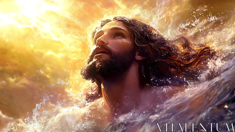 Radiant bearded figure emerging through luminous ocean waves.