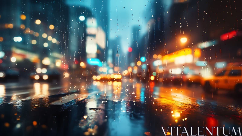 Rain-soaked city street with shallow depth and reflective bokeh lighting
