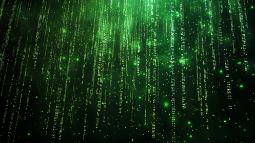 Glowing green digital rain renders cascading matrix code field