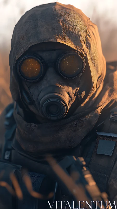 Hooded figure in gas mask stands in warm side lighting