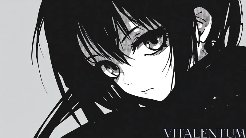High contrast monochrome anime portrait with dense halftone shading