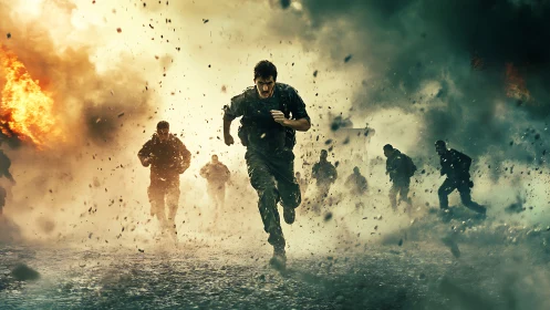 Soldier sprinting through chaos with courage and raw resolve.