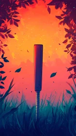 Cricket bat stands tall while twilight foliage quietly blazes