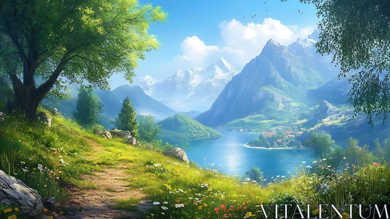 Sunny lakeside mountain path inviting a slow, peaceful walk.