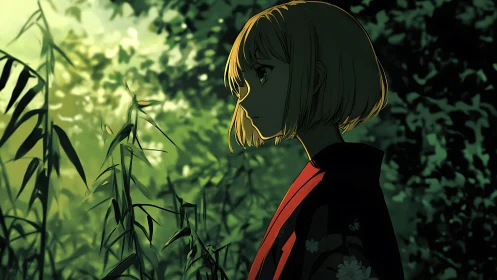 Girl in red kimono studies forest light in quiet profile
