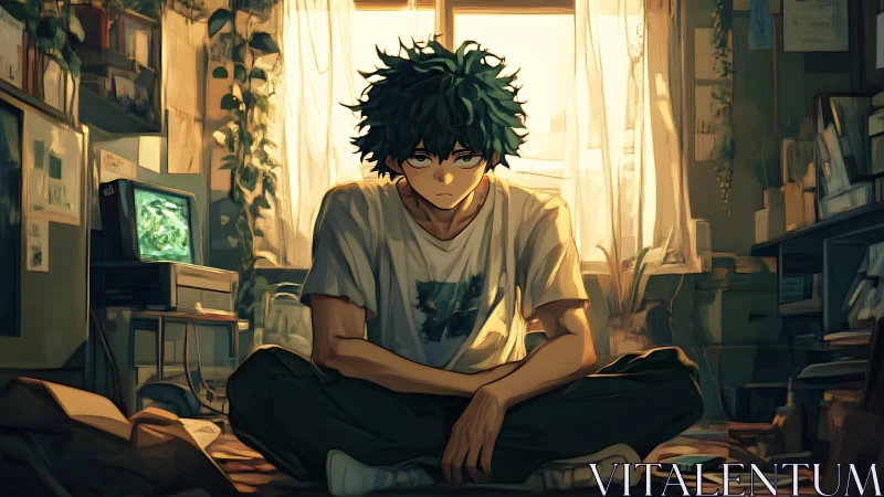 Young person seated on floor in cluttered sunlit bedroom.