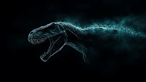 Digital outline of dinosaur head in dark atmospheric space.