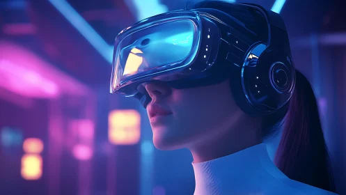 Female user in neon VR headset within immersive light field
