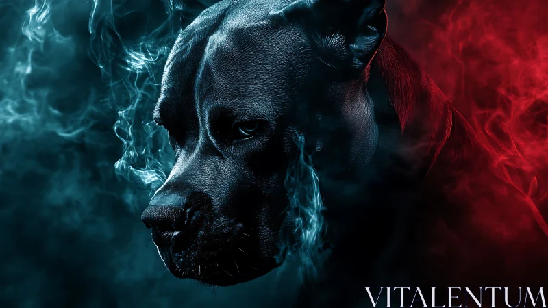 Brooding black dog emerges from blue and red smoky shadows