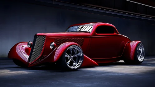 Red custom hot rod coupe in dark industrial garage scene.
