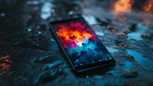 Smartphone displaying cosmic nebula wallpaper on wet terrain.