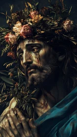 Portrait shows robed figure with floral crown and blood traces