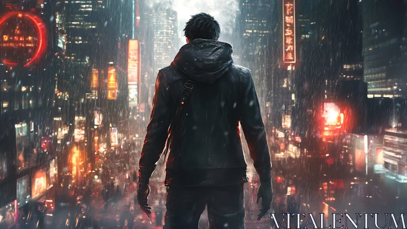 Lone hooded figure overlooking neon city in torrential rain.