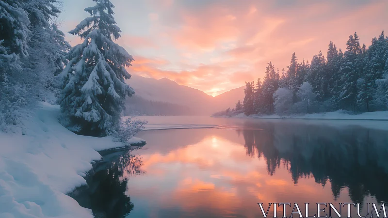 Snow-soft forest cradles a rose-gold winter lake at dawn.