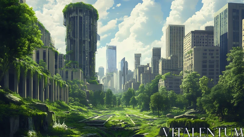 Lush overgrown city valley envisions serene posthuman renewal