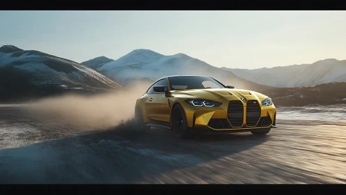 Golden sports coupe powers through dusk on icy mountain road
