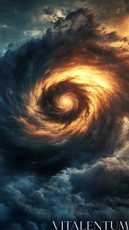 Celestial storm vortex swirls through luminous cosmic clouds.