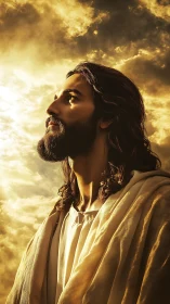 Photorealistic devotional portrait with luminous sky backdrop.