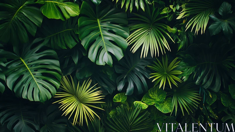 Deep jungle canopy of sculpted tropical greens in moonlit hush.