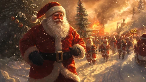 Santa leads a snowy march as Christmas village burns behind.