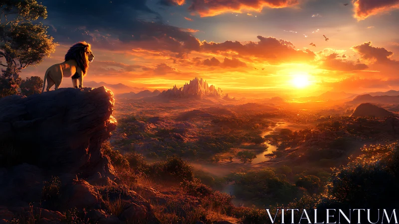 Lion surveys glowing savanna under blazing sunset sky.